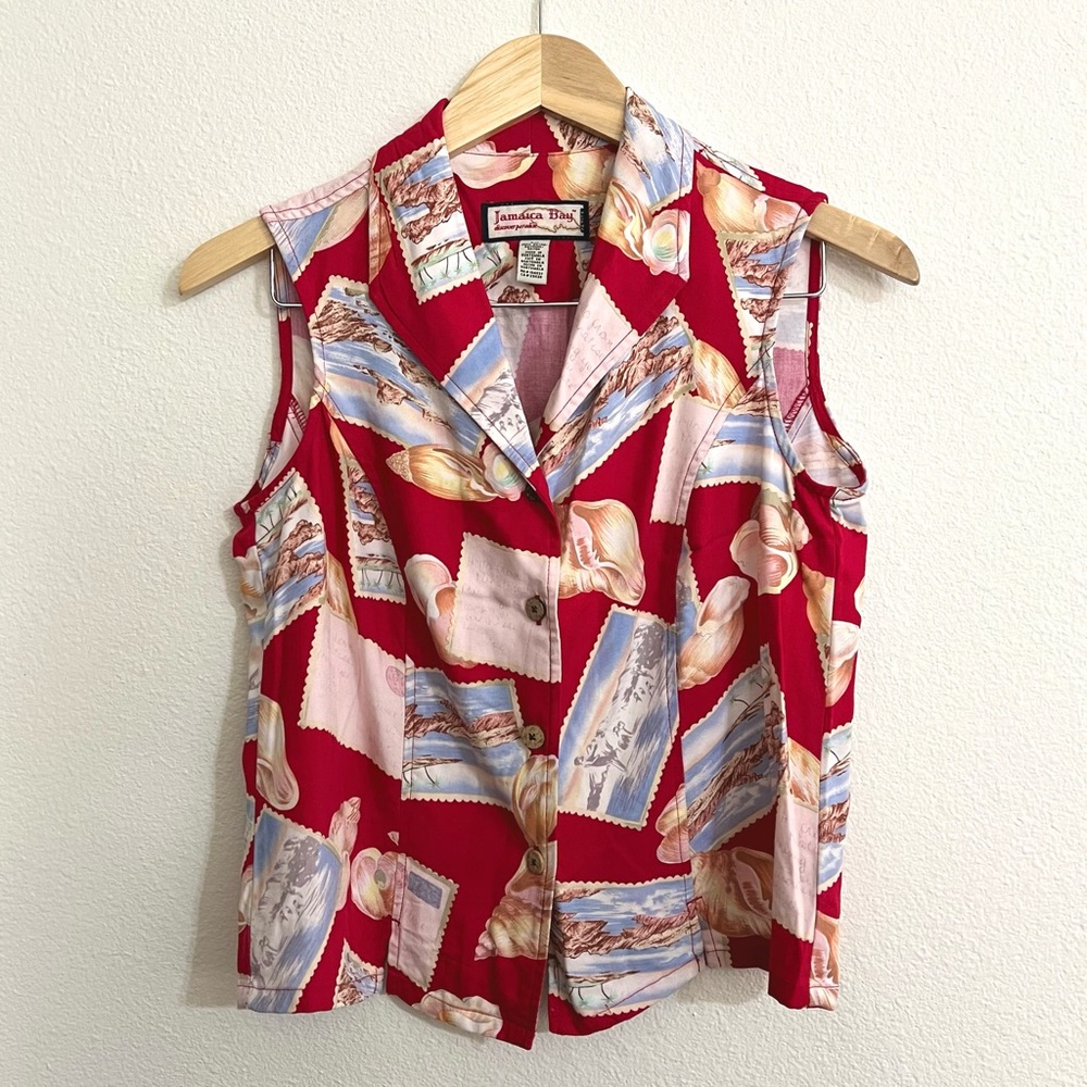 Jamaica Bay Postcard Aloha Hawaiian Blouse Size Petite Medium